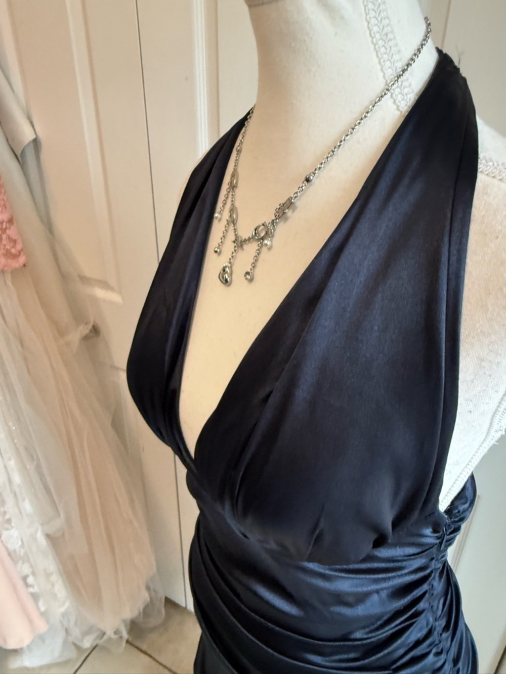 Morgan & Co. Navy Satin Halter Asymmetrical Ruffle Dress - Picture 12 of 14
